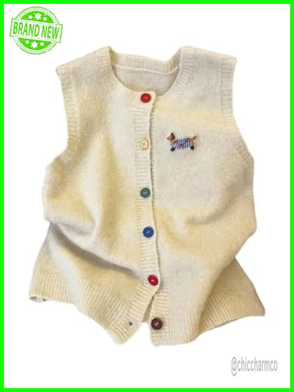 Lightweight Sleeveless Button Front Knit Cardigan Vest with Cartoon Pattern